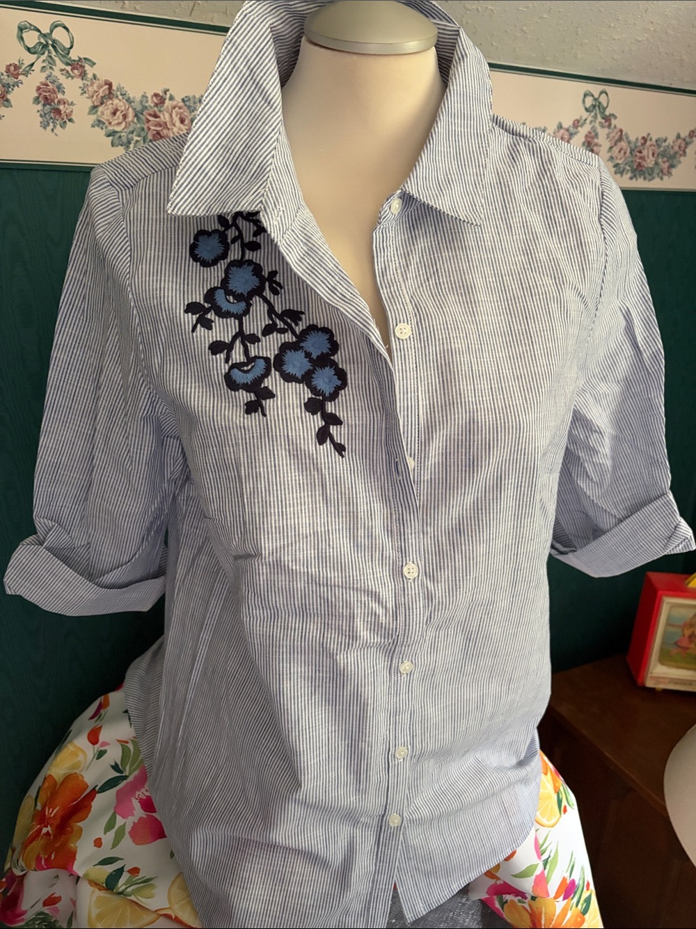 Cleo Striped Blue Floral-Embroidered Button-Down Shirt